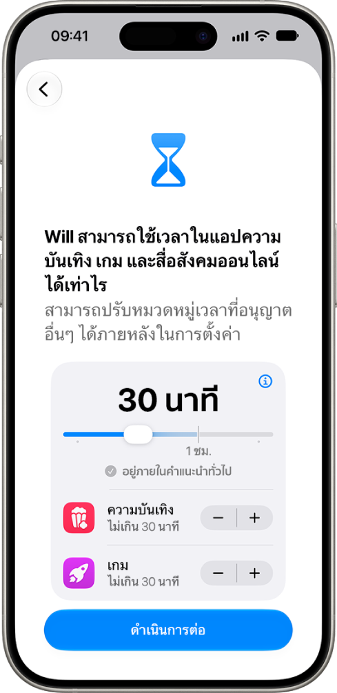 หน้าจอการตั้งค่าการควบคุมโดยผู้ปกครองที่แสดงระยะเวลาที่อนุญาตในแอปหมวดหมู่ต่างๆ เช่น สื่อสังคมออนไลน์และความบันเทิง