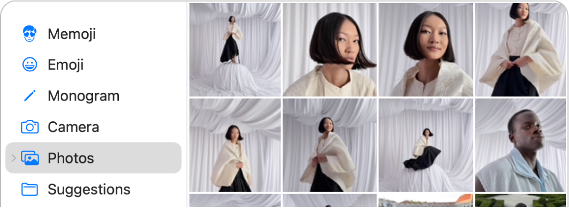 The Apple&nbsp;Account picture options with Photos selected in the sidebar and various photos shown.