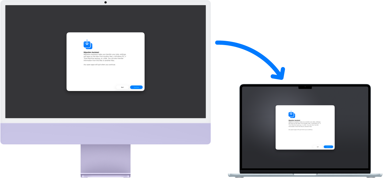 iMac 和 MacBook Air 同時顯示「系統移轉輔助程式」畫面。從 iMac 指向 MacBook Air 的箭頭表示資料從前者移轉至後者。