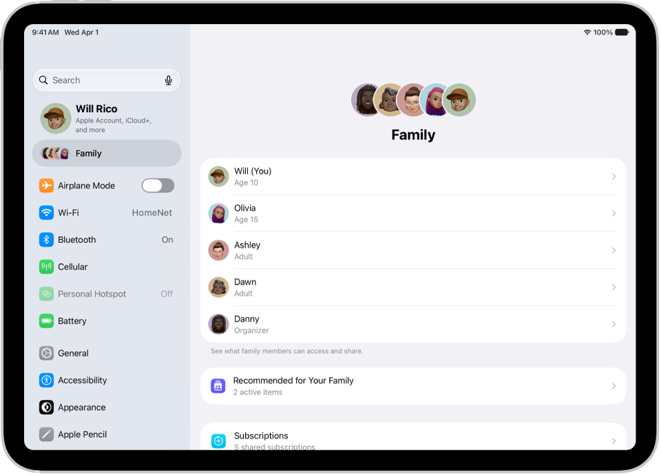 The Family screen in Settings. Up to five family members are listed above the features that are shared.