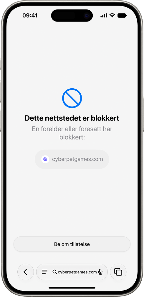 Funksjonen Spør om å navigere på nettsted viser et blokkert nettsted i Safari med et valg om å be om tillatelse til å vise det.