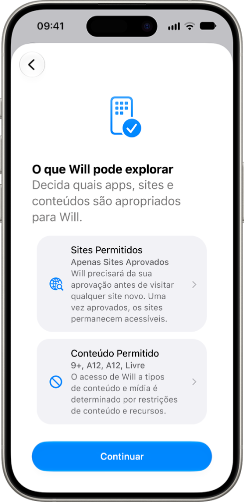 A tela de configuração dos controles parentais mostrando opções para o tipo de conteúdo que pode ser acessado, como apps e sites.