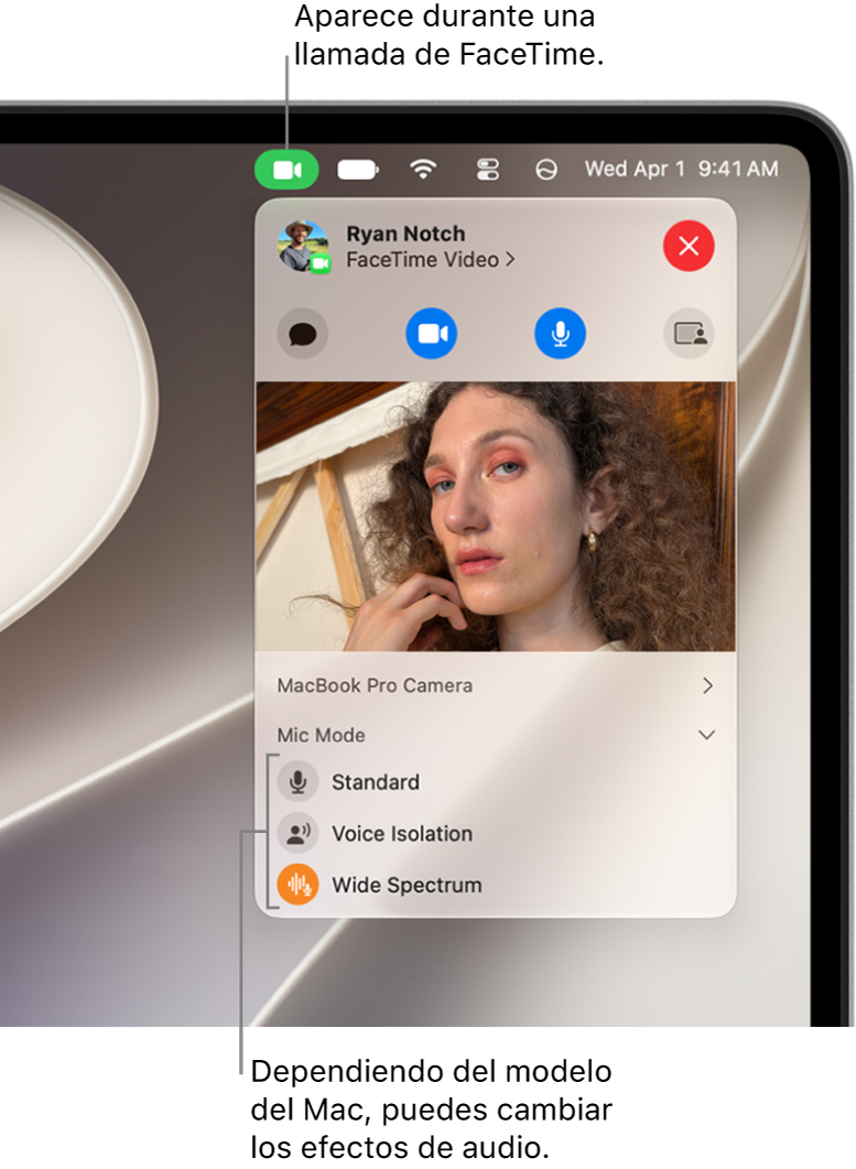El centro de control en la esquina superior derecha de la pantalla del Mac, con el botón Vídeo (que aparece cuando estás en una llamada de FaceTime) y las opciones de “Modo de micrófono” (que cambian el audio o los efectos, según el Mac).
