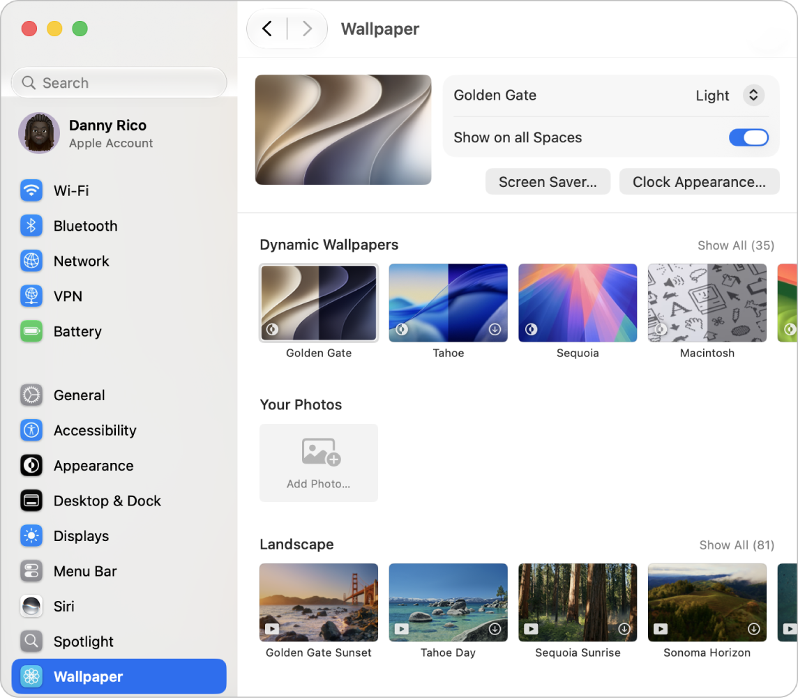 The System Settings window, with Wallpaper settings selected in the sidebar, and Golden Gate Dynamic Wallpaper (Light) selected on the right.