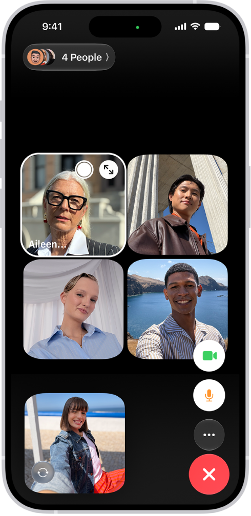 A Group FaceTime call with five participants. Each participant appears in a separate tile. The FaceTime controls are at the bottom-right side of the screen.