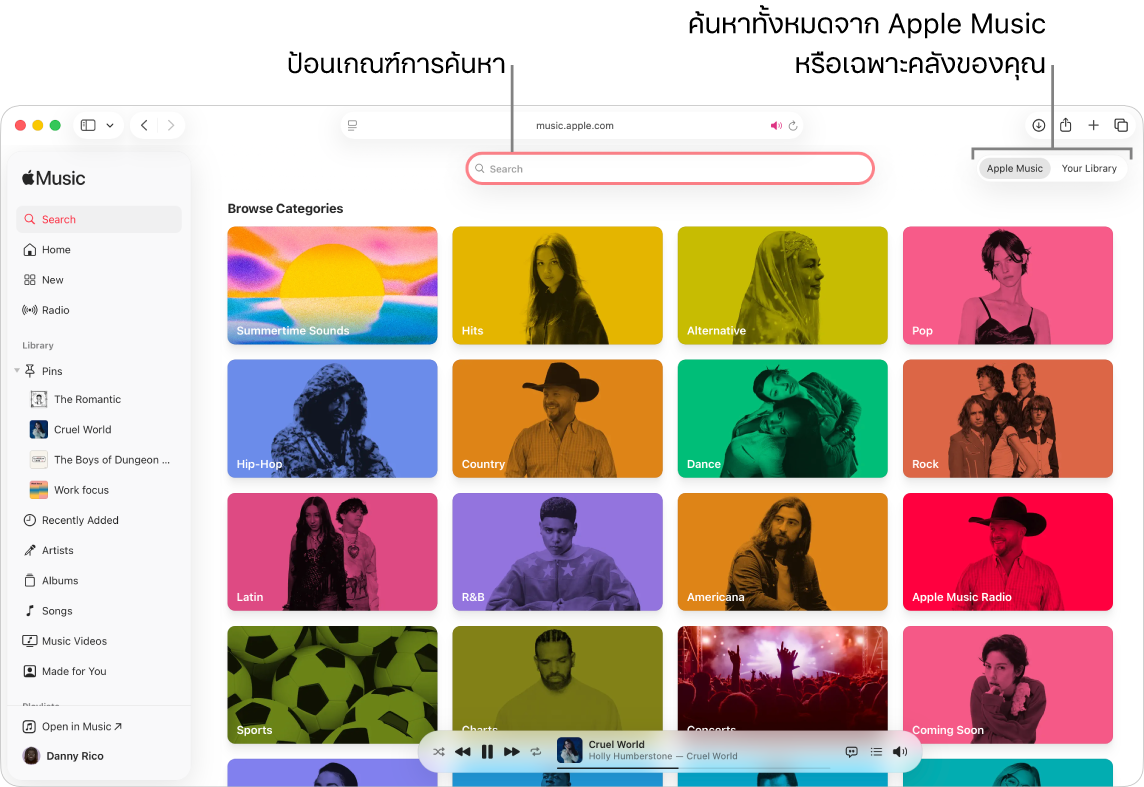 หน้าต่าง Apple Music ที่แสดงช่องค้นหาที่ด้านบนสุด รายการหมวดหมู่ที่กึ่งกลางของหน้าต่าง และ Apple Music หรือคลังของคุณที่มุมขวาบนสุด