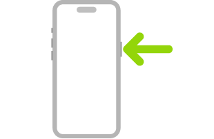 Ilustrácia iPhonu so šípkou ukazujúcou na bočné tlačidlo v&nbsp;pravom hornom rohu.