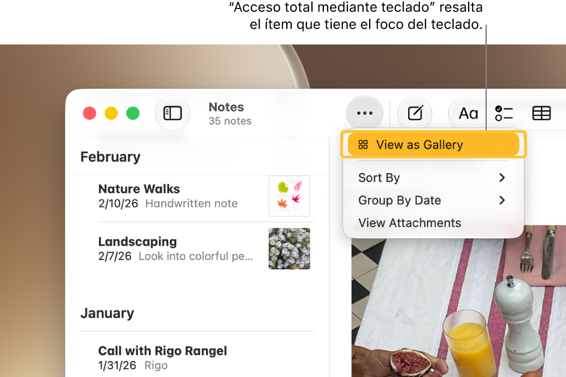 La app Notas está abierta con la barra de herramientas de marcación visible. La función de acceso total mediante teclado ha aplicado un contorno a la herramienta que está activa.