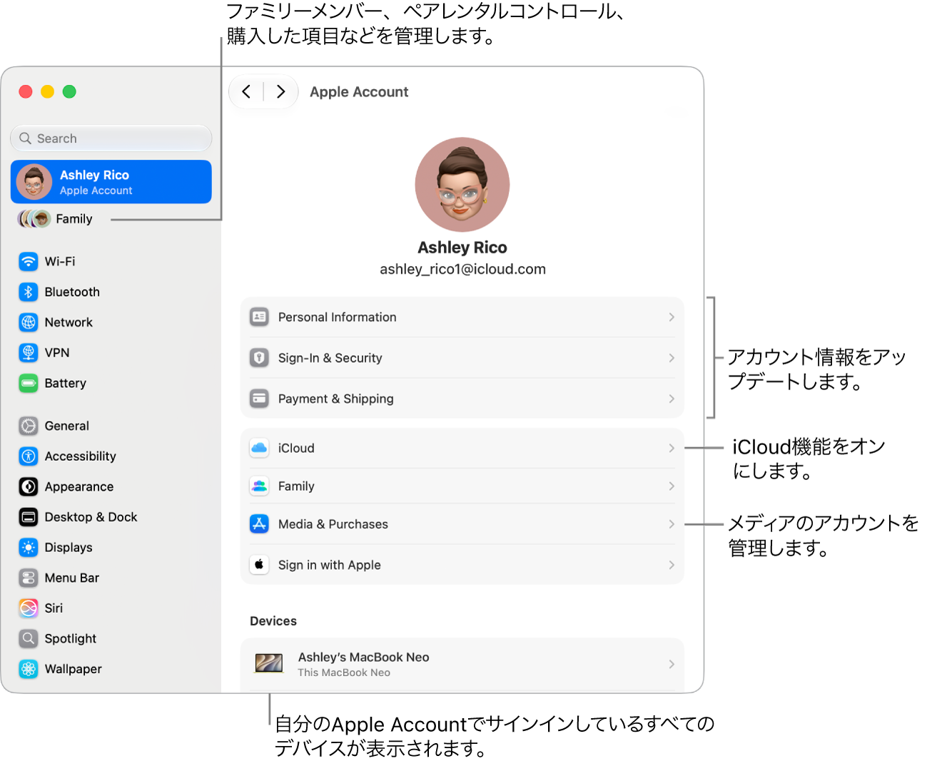 「システム設定」の「Apple&nbsp;Account」設定。アカウント情報のアップデート、iCloud機能のオン/オフ、メディアアカウントの管理と、ファミリーメンバー、ペアレンタルコントロール、購入などを管理できる「ファミリー」設定の調整へのコールアウトがあります。