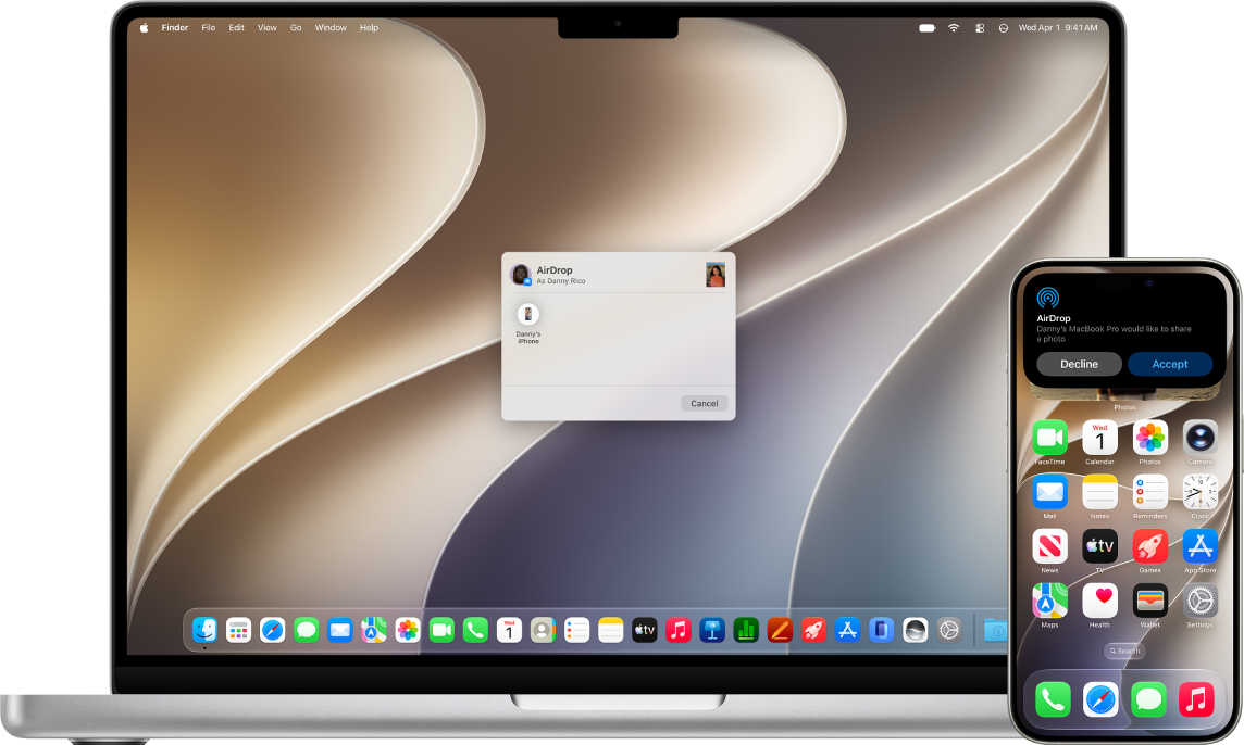 A Mac is next to an iPhone. The AirDrop dialog is open on the Mac desktop, ready to share a document with the iPhone. The iPhone screen has a notification about receiving the document.