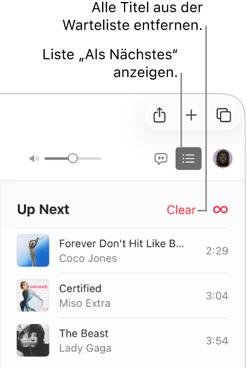 Die Taste „Als Nächstes“ oben rechts in Apple Music ist ausgewählt und die Warteliste „Als Nächstes“ ist sichtbar. Klicke auf den Link „Löschen“ oben in der Liste, um alle Titel aus der Liste zu entfernen.