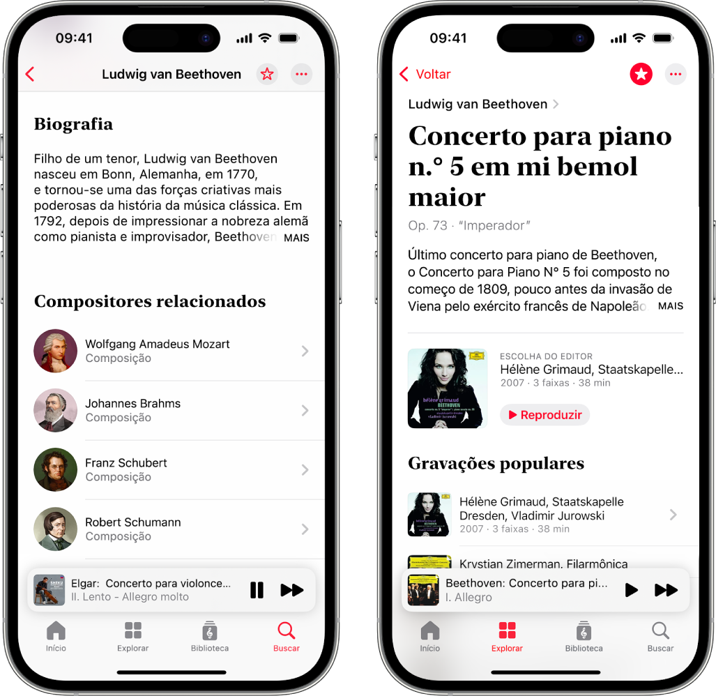 Dois dispositivos iPhone mostrando várias informações sobre música clássica. A primeira mostra a biografia de um compositor na parte superior da tela. A segunda mostra uma descrição da obra logo abaixo do nome da obra.