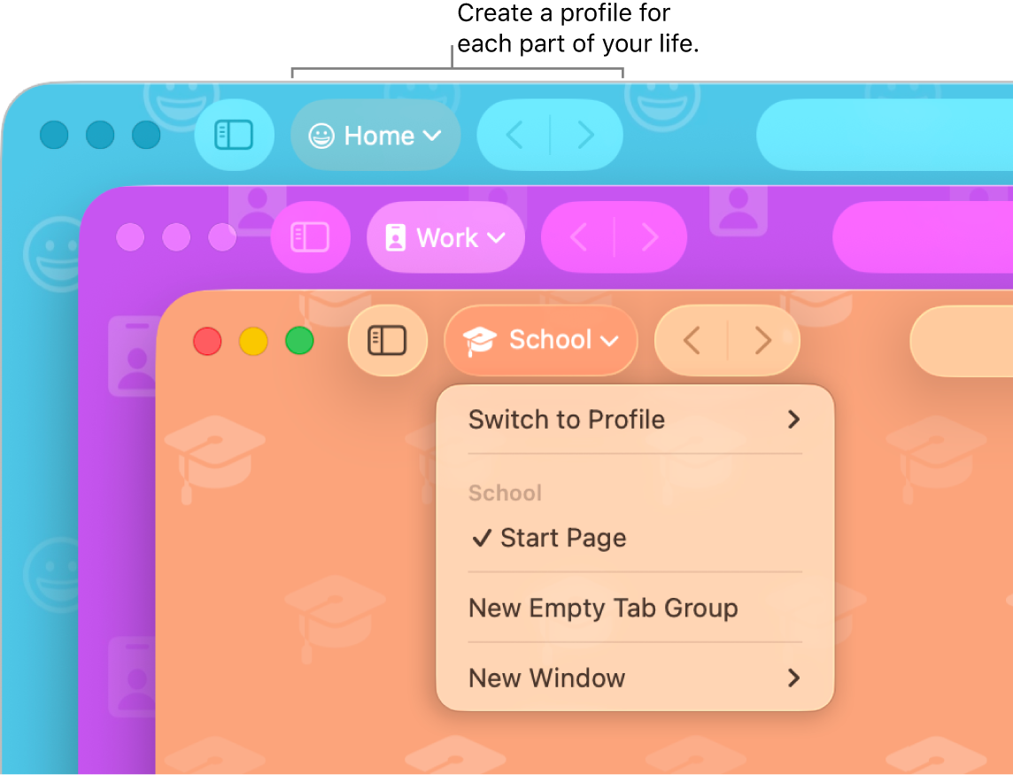 Three Safari profile windows: one for personal use, one for work and one for school.