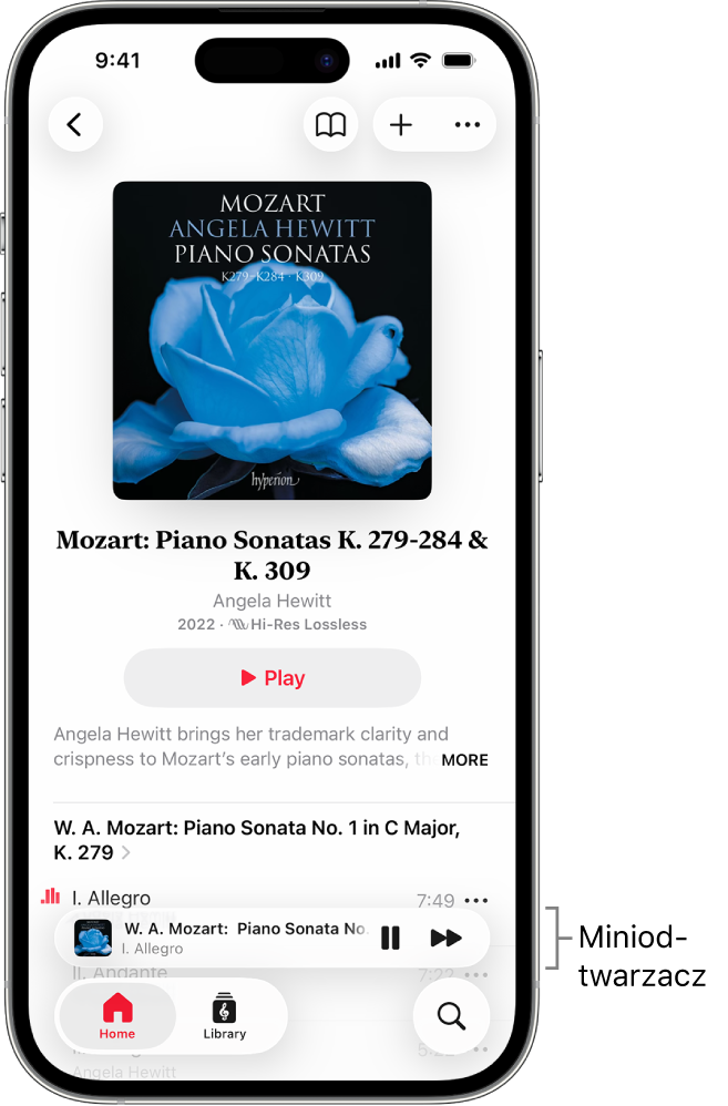 iPhone wyświetlający miniodtwarzacz w aplikacji Apple Music Classical. Na górze ekranu znajdują się okładka albumu, nazwa dzieła oraz przycisk Play. Na dole ekranu znajduje się miniodtwarzacz. Poniżej miniodtwarzacza znajdują się przyciski Home, Browse, Library i Search.