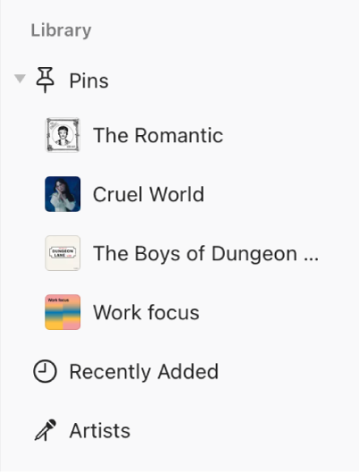 The sidebar in Apple Music showing four pinned items below Library.