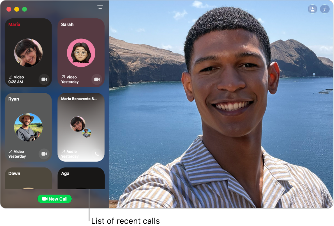 A FaceTime window showing the list of recent callers on the left.