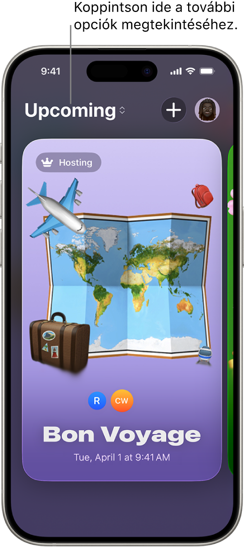 A Meghívók app egyik képernyője egy közelgő eseménnyel.