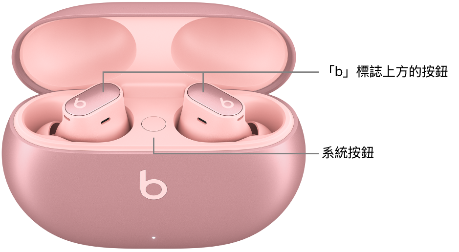 Beats&nbsp;Studio&nbsp;Buds&nbsp;+ 的影像，顯示耳機「b」標誌上方按鈕的位置和充電盒內系統按鈕的位置。