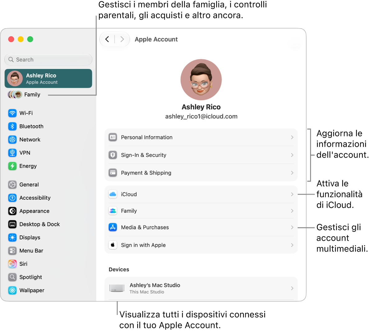Le impostazioni di Apple&nbsp;Account in Impostazioni di Sistema, con didascalie per aggiornare le informazioni dell’account, attivare o disattivare le funzionalità di iCloud, gestire gli account multimediali, modificare le impostazioni di “In famiglia”, dove è possibile gestire i membri del gruppo familiare, i controlli parentali, gli acquisti e altro ancora.