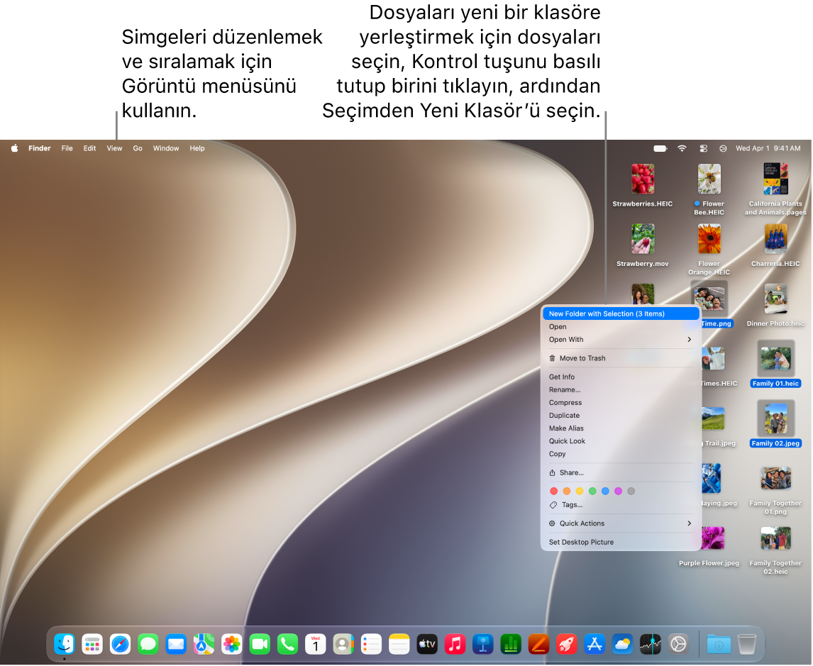 Mac masaüstü duvar kağıdını, en üstteki menü çubuğunu ve Dock’u gösteriyor