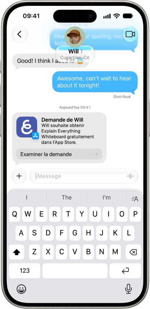Une conversation Messages entre un enfant et un parent, avec une demande d’autorisation d’achat pour télécharger une app depuis l’App&nbsp;Store.