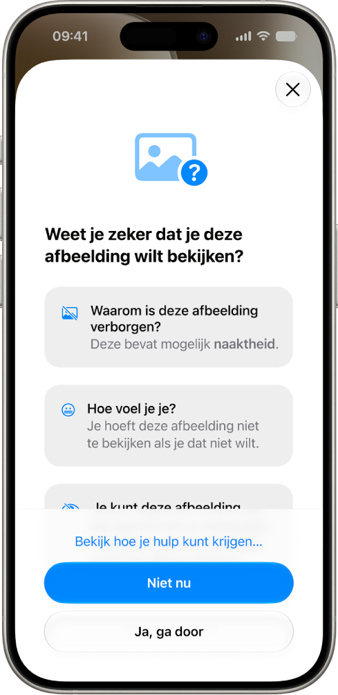 Het scherm 'Communicatieveiligheid' met een waarschuwing dat een afbeelding mogelijk gevoelige content bevat en opties om hulp te krijgen.