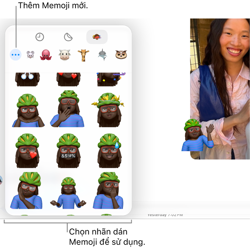 Cửa sổ Tin nhắn đang hiển thị các tùy chọn Memoji và một nhãn dán Memoji trên một tin nhắn.