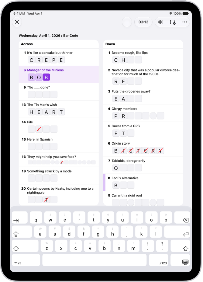 A partially filled crossword puzzle in list view.