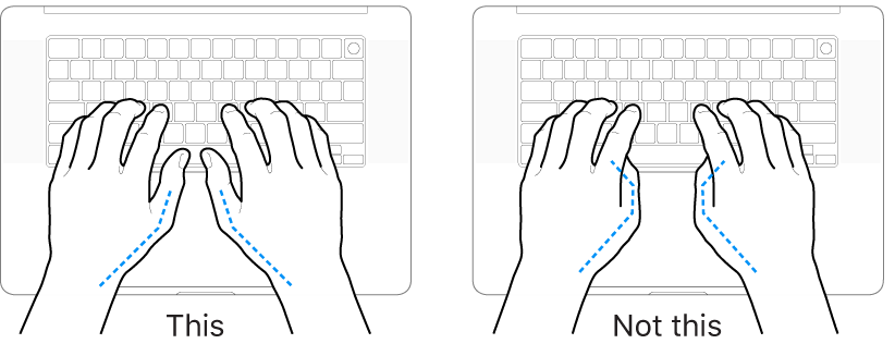 Hands positioned over a keyboard, showing correct and incorrect placement of thumbs.