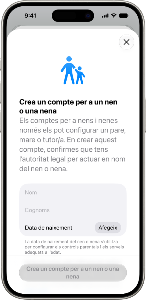 A la pantalla de creació d’un compte infantil es mostren opcions per afegir el nom, els cognoms i la data de naixement.
