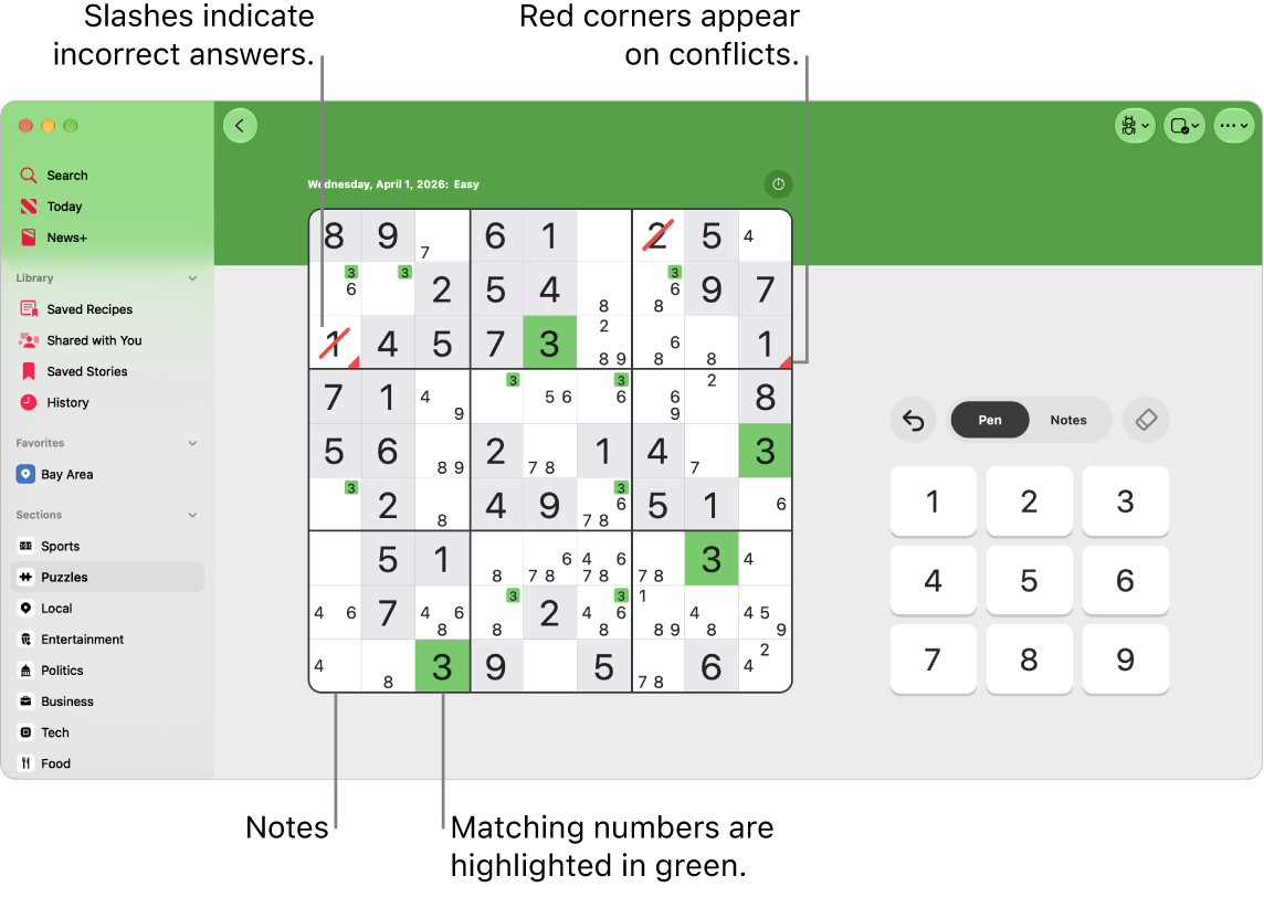 A sudoku puzzle with several features turned on: Notes, Highlight Matching Numbers, Show Conflicts and Autocheck.