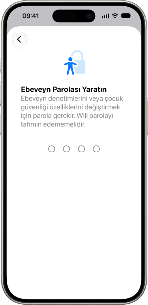 Ekran Süresi parolası yaratma seçeneğini gösteren ebeveyn denetimleri ayarlama ekranı.