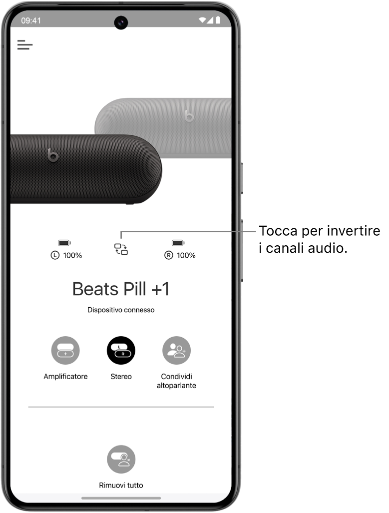 La schermata del dispositivo dell’app Beat che mostra due altoparlanti Beats&nbsp;Pill connessi in un gruppo Stereo e il pulsante per scambiare i canali audio.