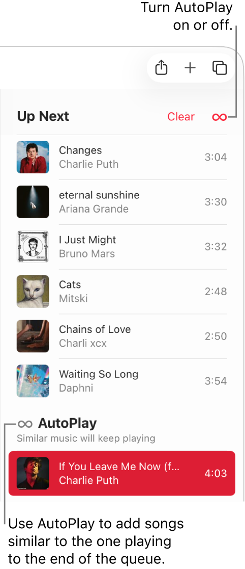 The Up Next queue at the top of Apple Music showing the Clear and AutoPlay buttons. AutoPlay is turned on.