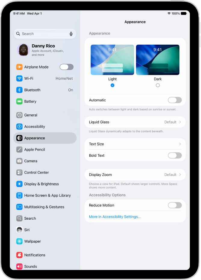 The Display and Brightness screen in Settings.