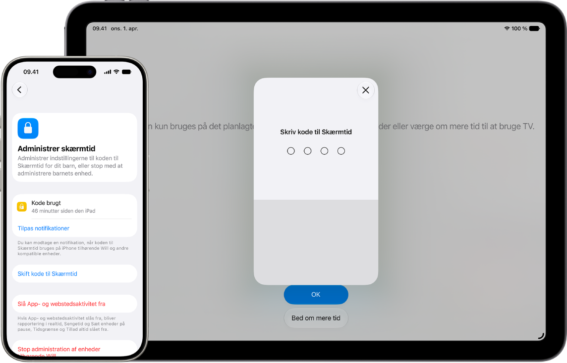 En forælders iPhone viser muligheden for at administrere indstillingerne til Skærmtid for et barn og koden til Skærmtid. Et barns iPad viser en skærm, som er blokeret af en kode til Skærmtid.