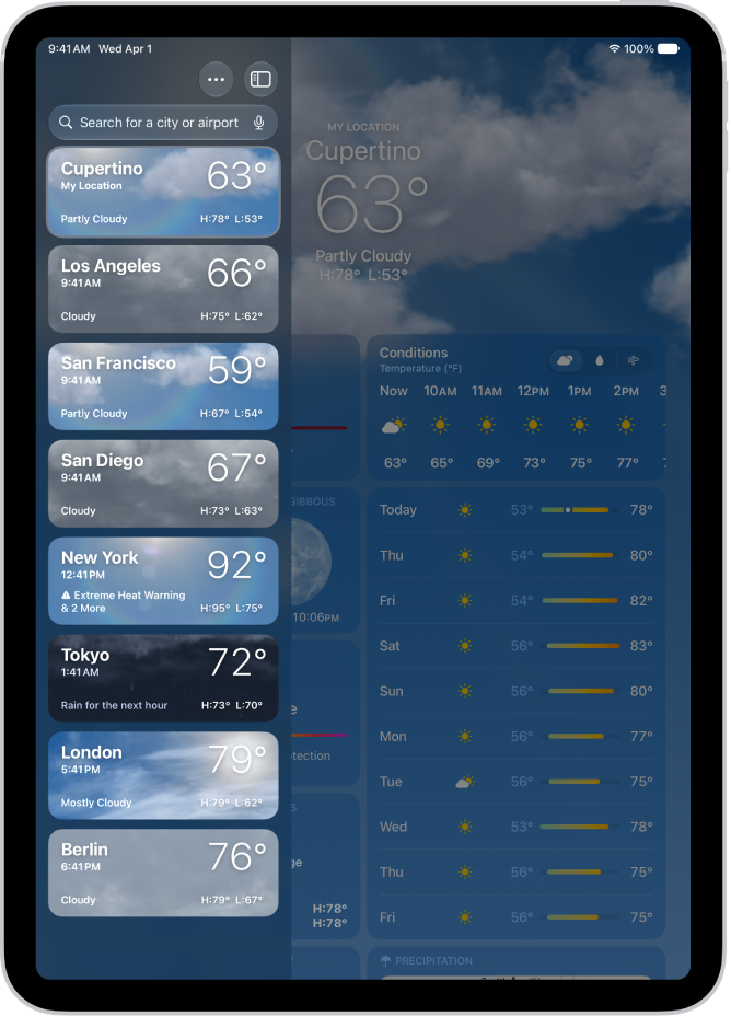 The Weather screen showing the sidebar on the left side of the screen. In the sidebar is a list of cities showing the current time, temperature, forecast, and high and low temperatures. At the top of the list, My Location is selected and on the right side of the screen are the weather forecast and conditions for that location.