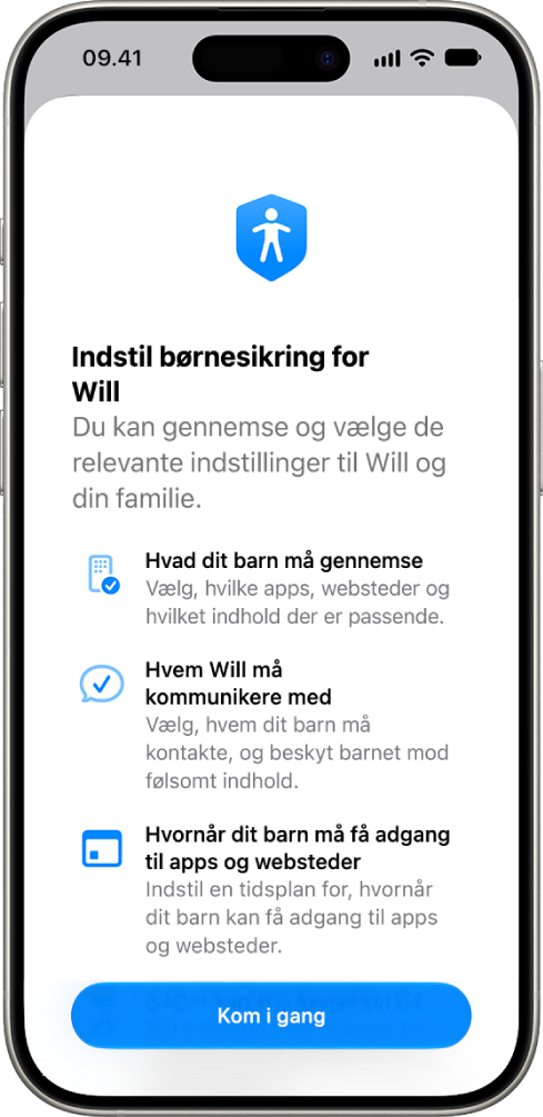 Skærmen til indstilling af børnesikring med muligheder for at komme i gang.