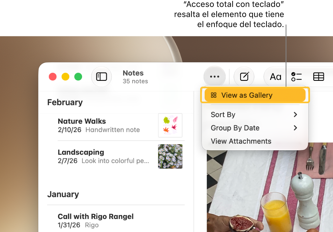 La app Notas está abierta con la barra de herramientas de Marcado visible. Acceso total con teclado agrega un contorno a la herramienta enfocada.