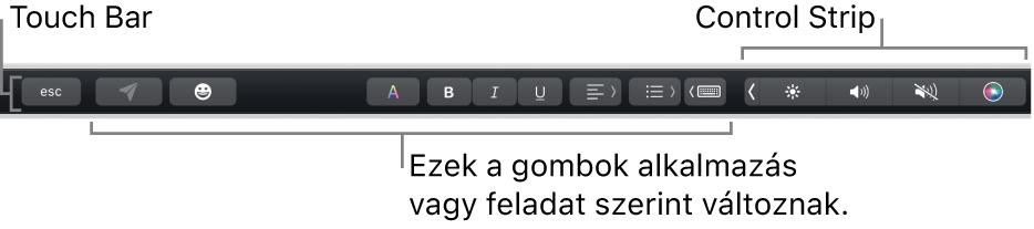 A billentyűzet tetején lévő Touch Bar, jobb oldalán az összecsukott Control Strippel, valamint apptól, illetve feladattól függő gombok.
