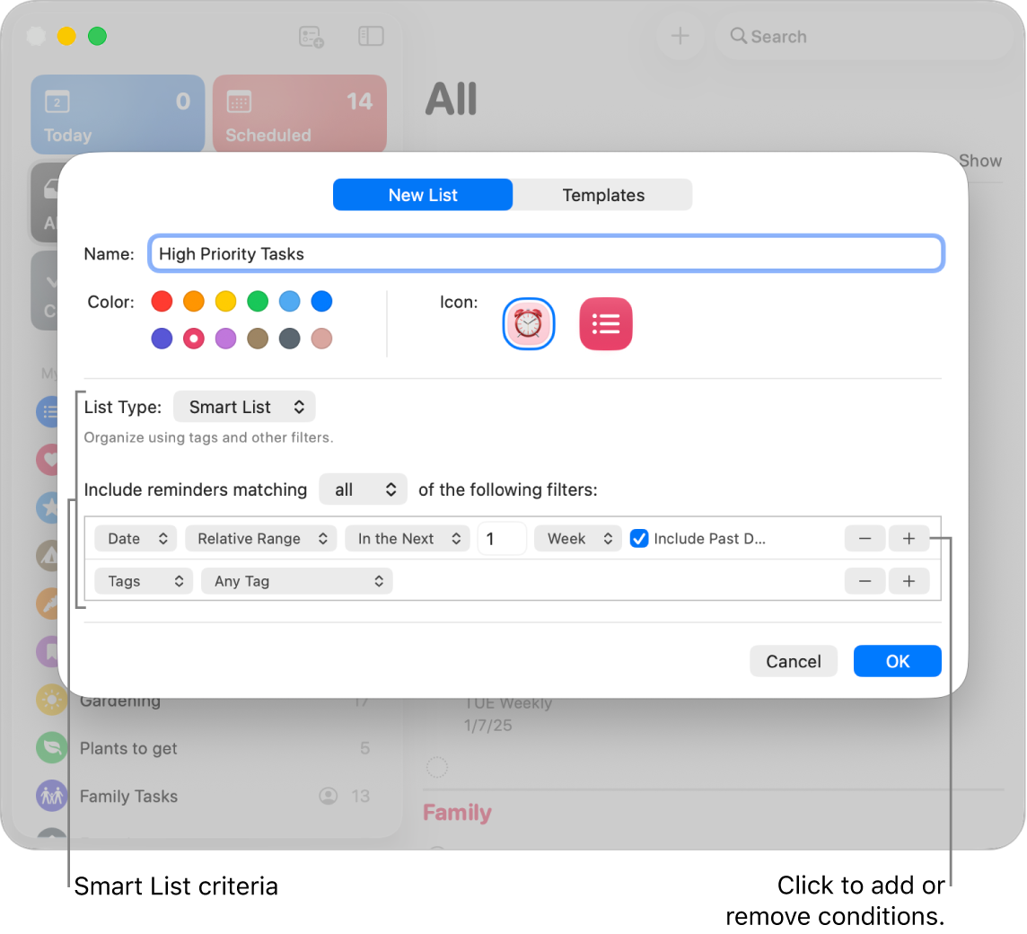 The New Smart List dialogue, showing the fields used to specify the criteria.