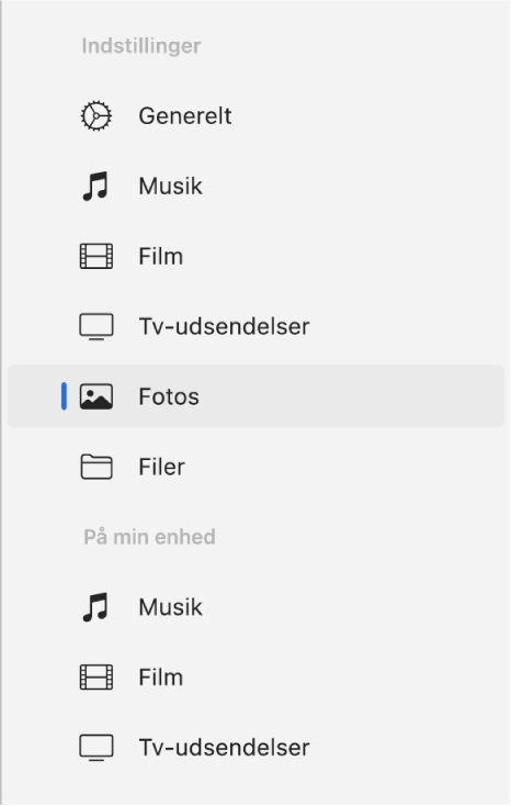 Indholdsoversigten med Fotos valgt.
