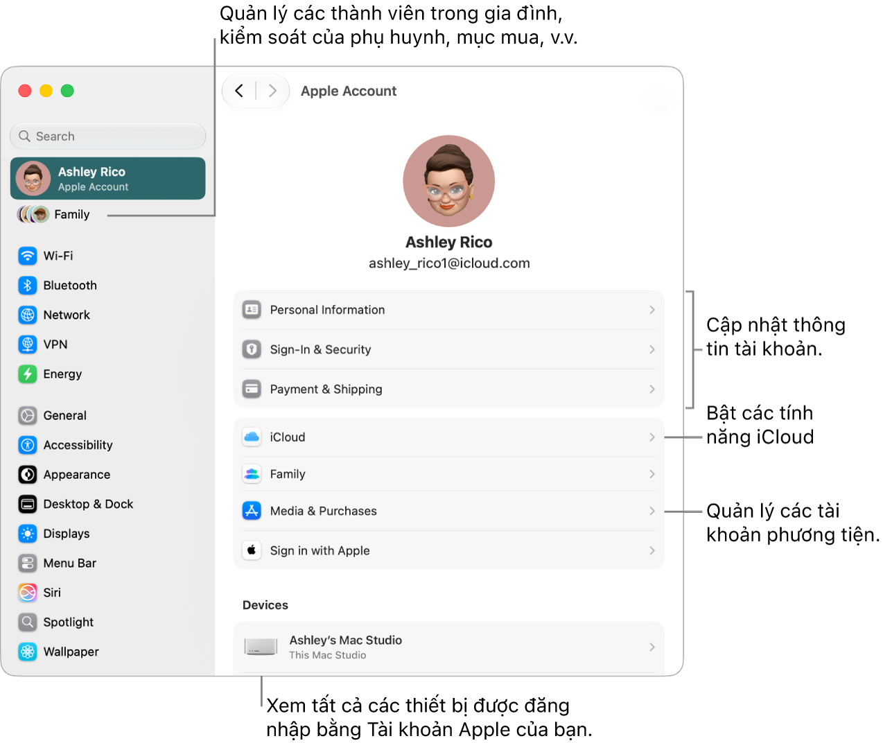 Cài đặt Tài khoản Apple trong Cài đặt hệ thống với các chú thích để cập nhật thông tin tài khoản, bật hoặc tắt các tính năng iCloud, quản lý các tài khoản phương tiện, cũng như điều chỉnh cài đặt Gia đình – là nơi bạn có thể quản lý các thành viên gia đình, kiểm soát của phụ huynh, mục mua, v.v.