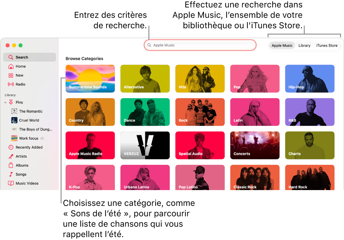 La fenêtre Apple&nbsp;Music, avec les champs de recherche en haut à gauche de la fenêtre, la liste de catégories au centre de la fenêtre et «&nbsp;Apple&nbsp;Music&nbsp;», «&nbsp;Votre bibliothèque&nbsp;» et «&nbsp;iTunes&nbsp;Store&nbsp;» disponibles en haut à droite de la fenêtre. Entrez des critères de recherche dans le champ de recherche, puis choisissez d’effectuer la recherche dans tout Apple&nbsp;Music, seulement dans votre bibliothèque ou dans l’iTunes&nbsp;Store.