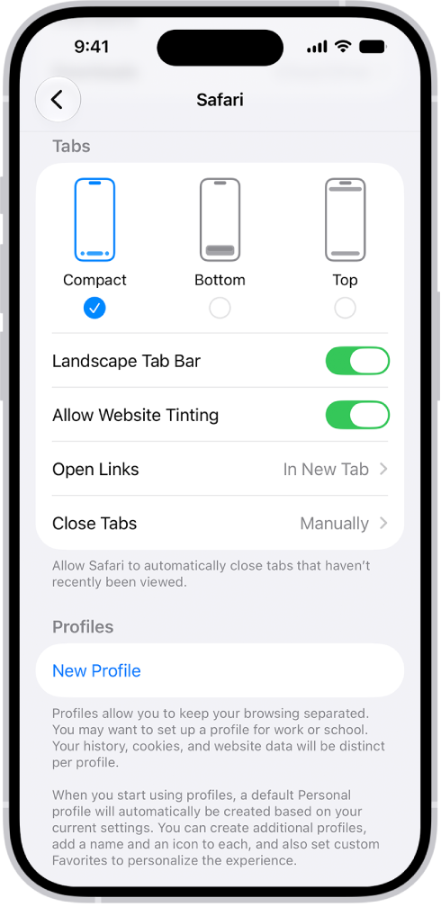 A screen showing three Safari layout options: Compact, Bottom, and Top.
