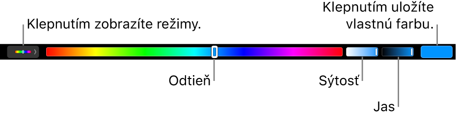 Touch&nbsp;Bar zobrazujúci ovládače pre odtieň, sýtosť a&nbsp;jas v&nbsp;režime HSB. Vľavo sa nachádza tlačidlo na zobrazenie všetkých režimov, vpravo tlačidlo na uloženie vlastnej farby.