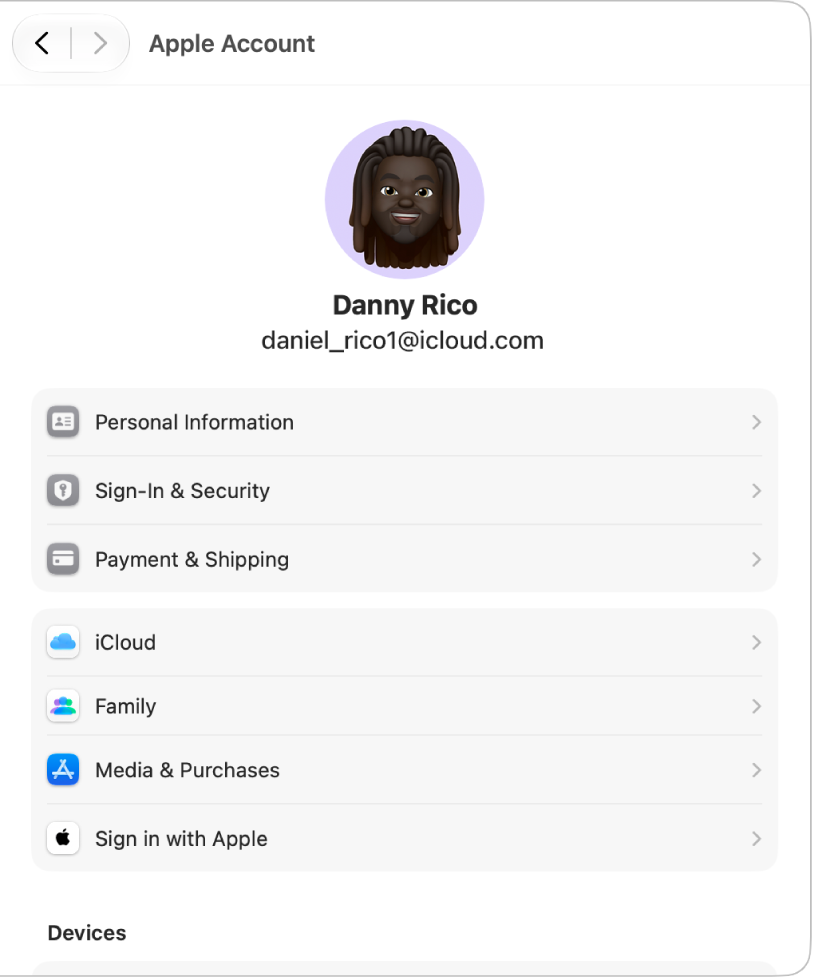 Apple&nbsp;Account settings showing the user’s Apple&nbsp;Account picture and name at the top, and the different types of account options you can set up and use below.