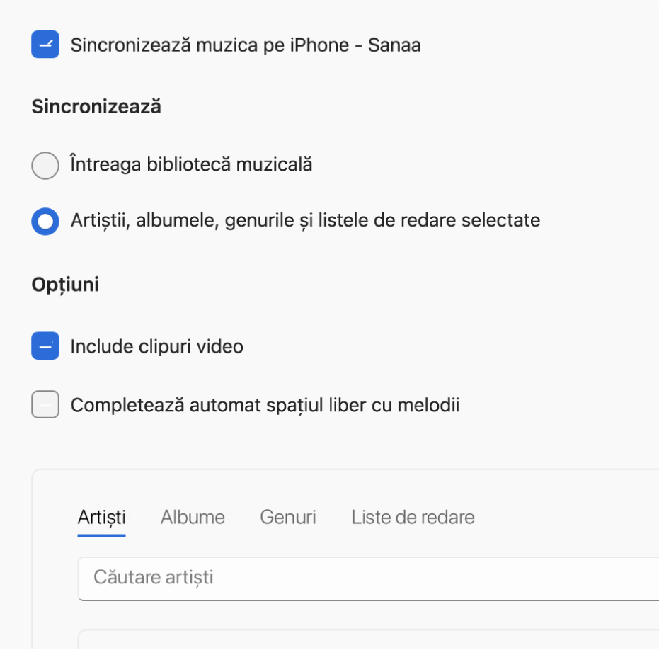 Fereastra Apple Devices afișând opțiunea de sincronizare pentru muzică.