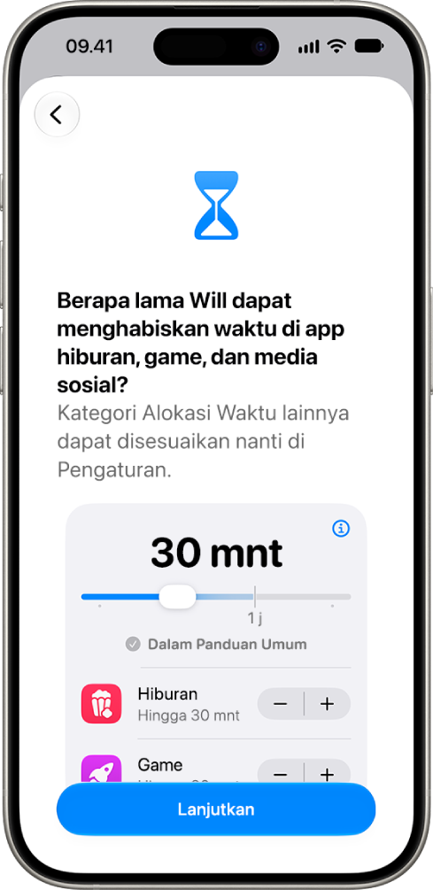 Layar pengaturan pengawasan orang tua yang menampilkan jumlah waktu yang diizinkan dalam kategori app seperti Media Sosial dan Hiburan.