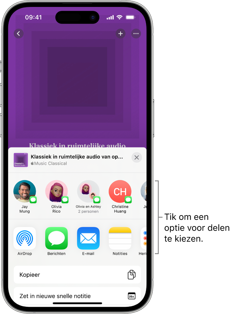 Een iPhone met boven in het scherm de afspeellijst 'Klassiek' en daaronder contactpersonen en opties voor delen.